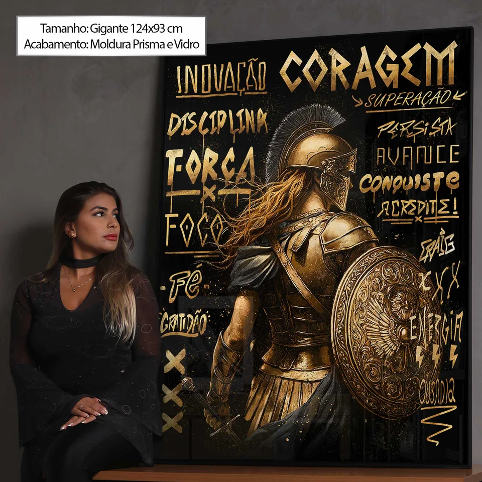 Quadro Loba de Esparta Dourada no tamanho Gigante com modelo ao lado