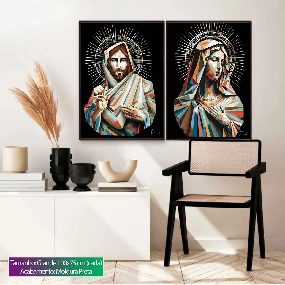 Quadro Jesus e Maria Geométricos 2 Peças com moldura preta na sala