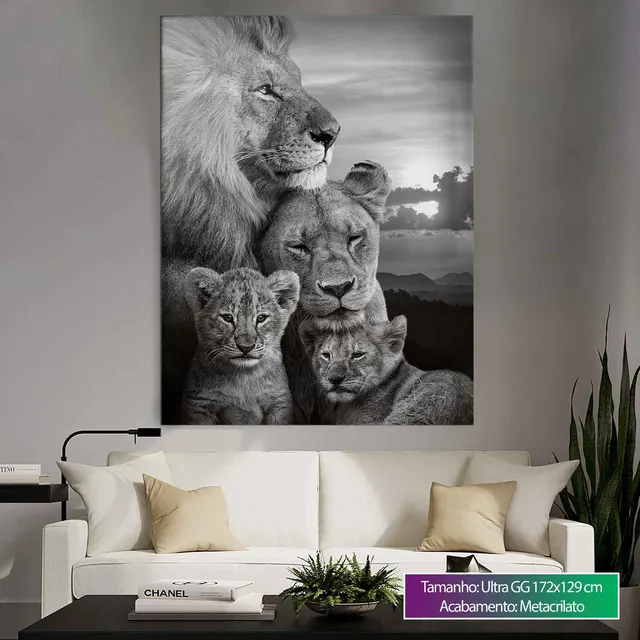 Quadro Família de Leões em sala com sofá branco