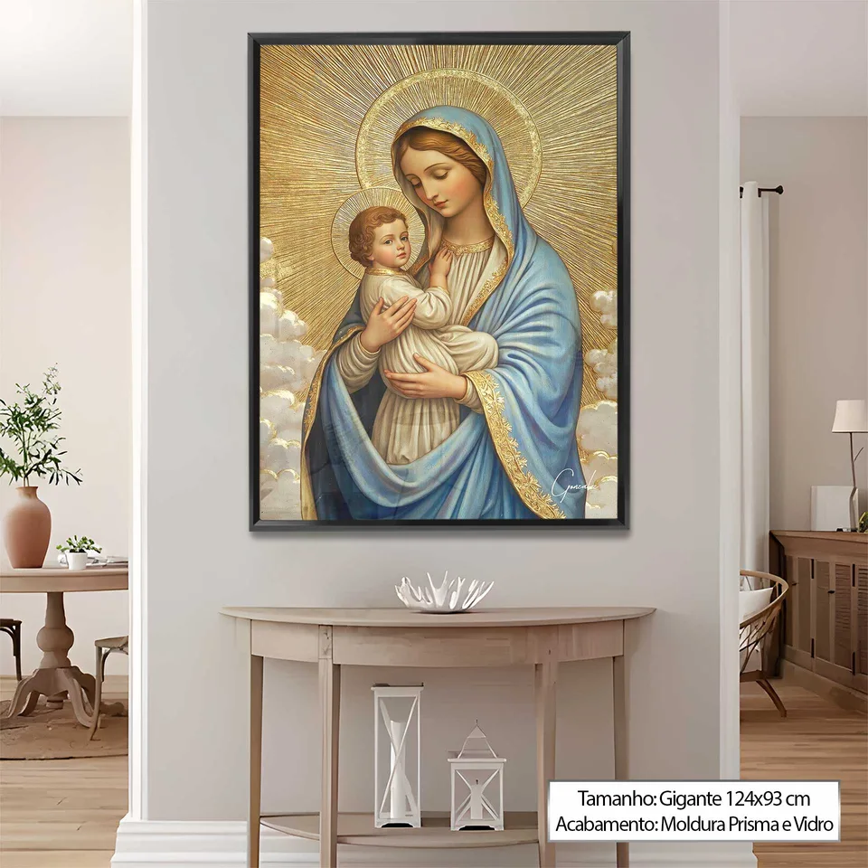Quadro O Amor Materno de Maria em Hall acima do aparador