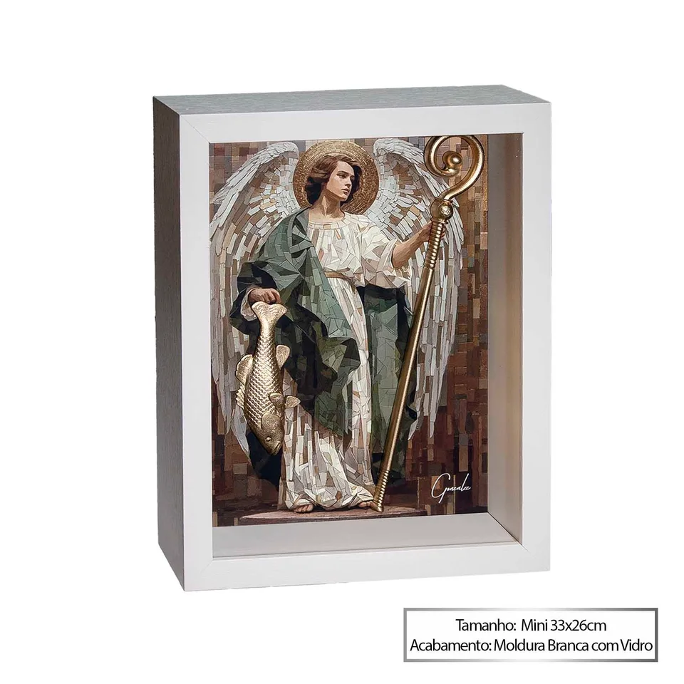 São Rafael Arcanjo Curandeiro — Moldura Branca com Vidro, Mini 33x26cm