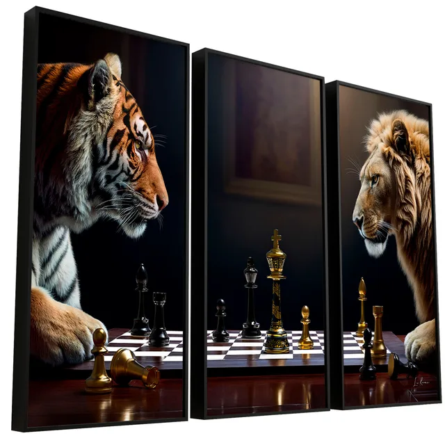 Quadro Jogo de Feras 3 Peças. Leão e tigre jogando xadrez, arte para escritório