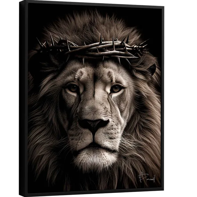 Quadro A Grandeza do Leão de Judá. Leão com coroa de espinhos, arte preta e branca