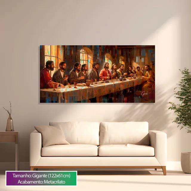 Quadro Santa Ceia Grid Art acima de sofá branco