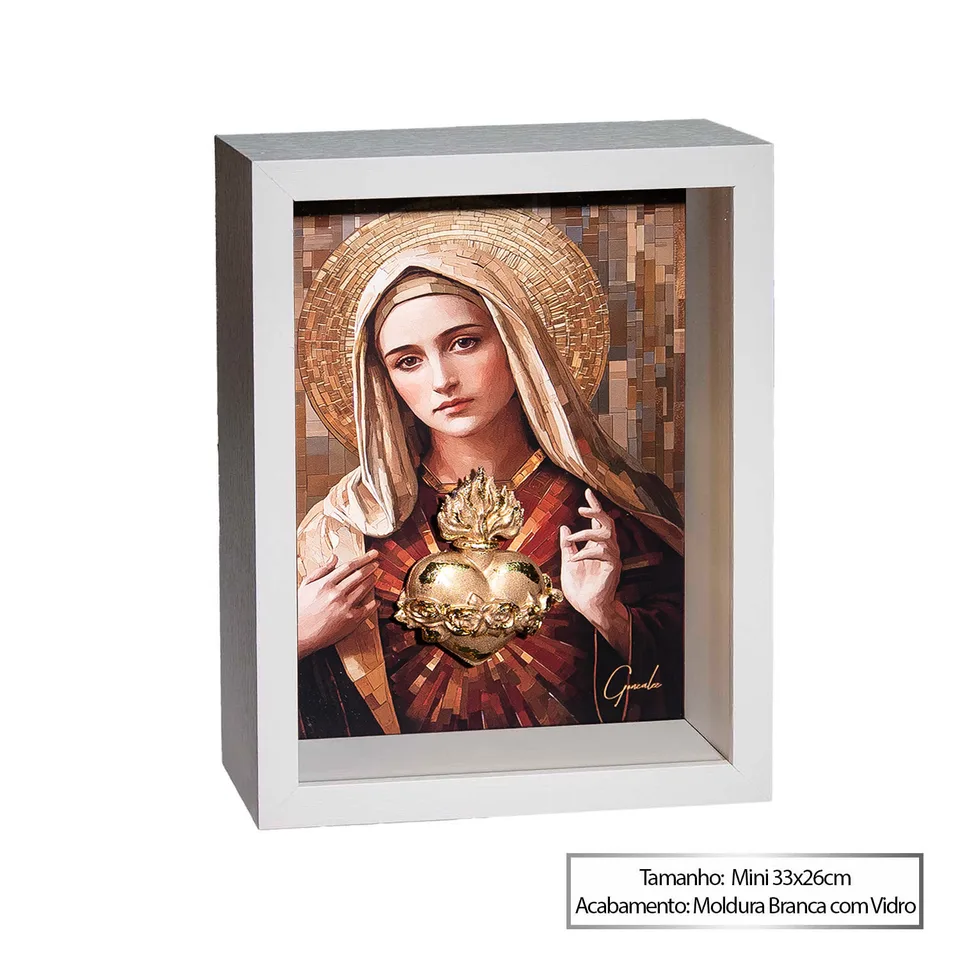 O Imaculado Coração de Maria Ouro — Moldura Branca com Vidro, Mini 33x26cm