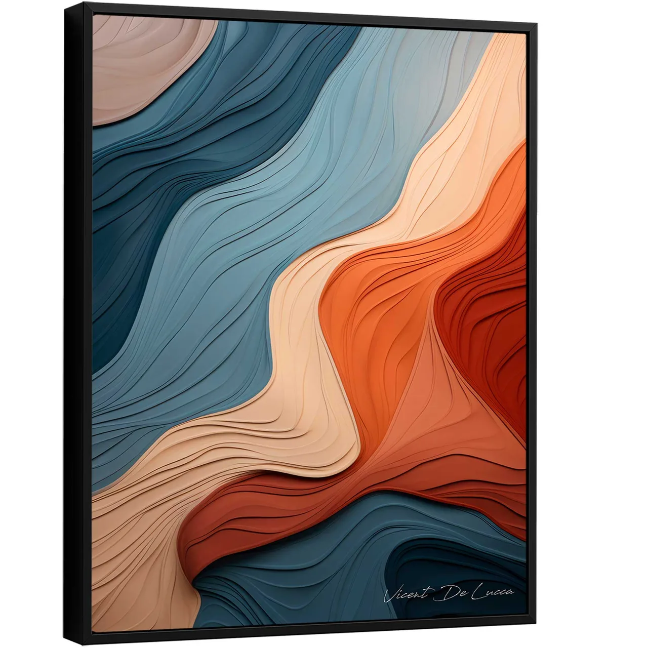Quadro Abstrato Rio e Terra, camadas em azul, terracota e areia como curvas de nível
