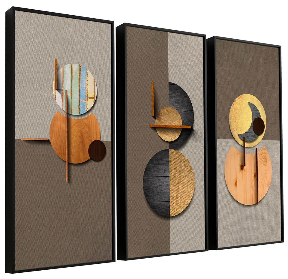 Coleção de Quadros Abstratos Amadeirado 3 Peças - Combinações | QuadrosDecorativos.com