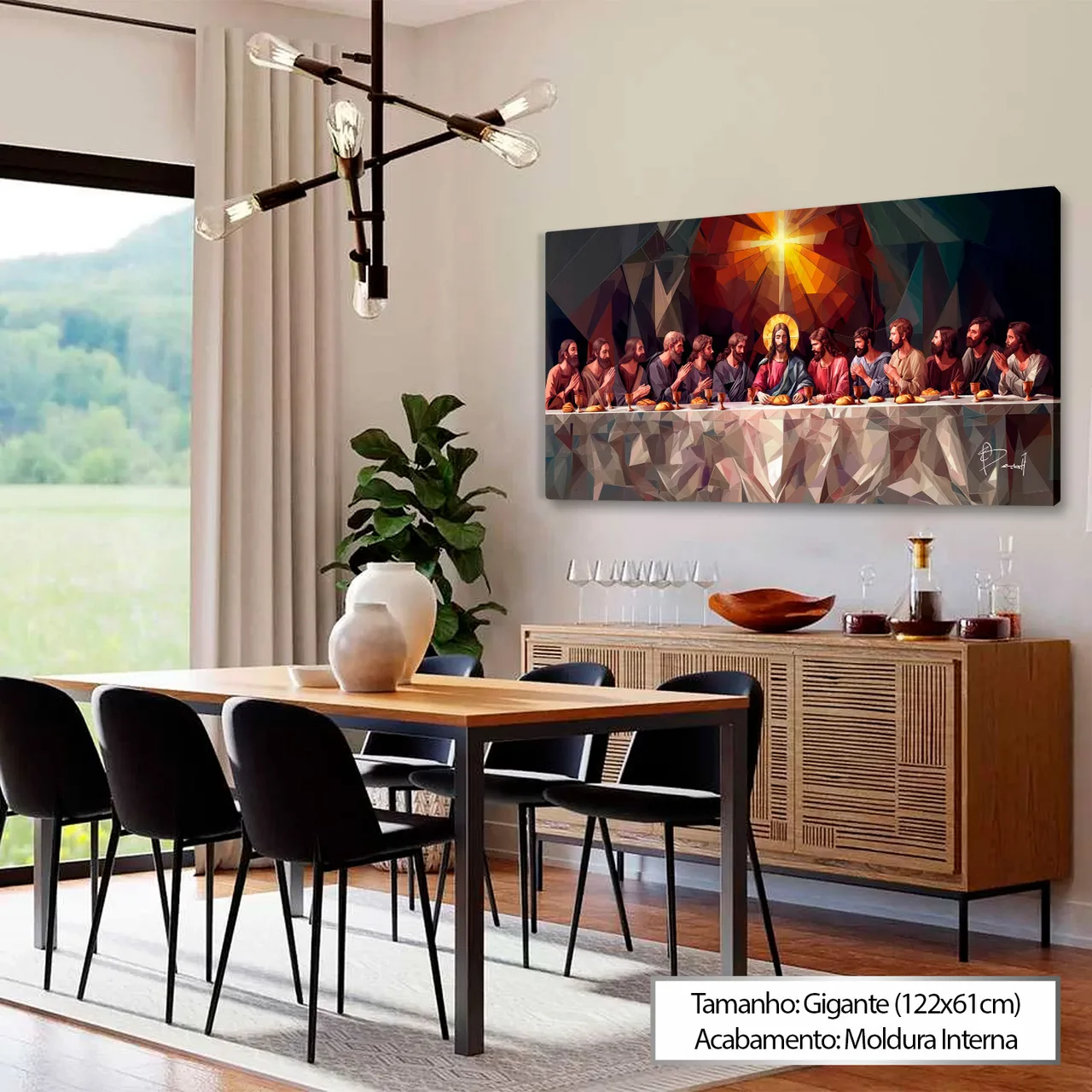 Quadro Santa Ceia Geométrica, de Benoit, em formato panorâmico acima do aparador na sala de jantar