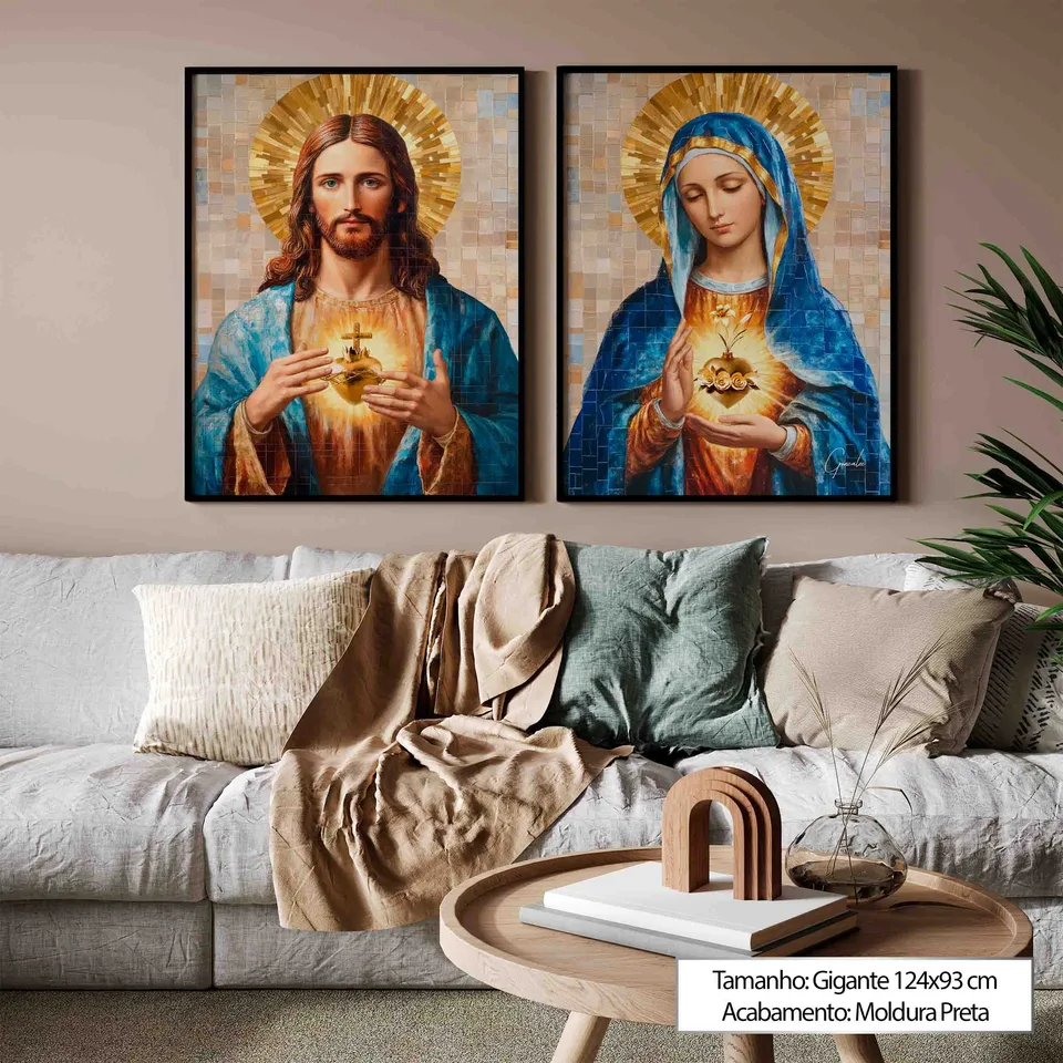 quadro amor de jesus e maria 2 peças — sofá branco detalhe verde ambiente sofisticado