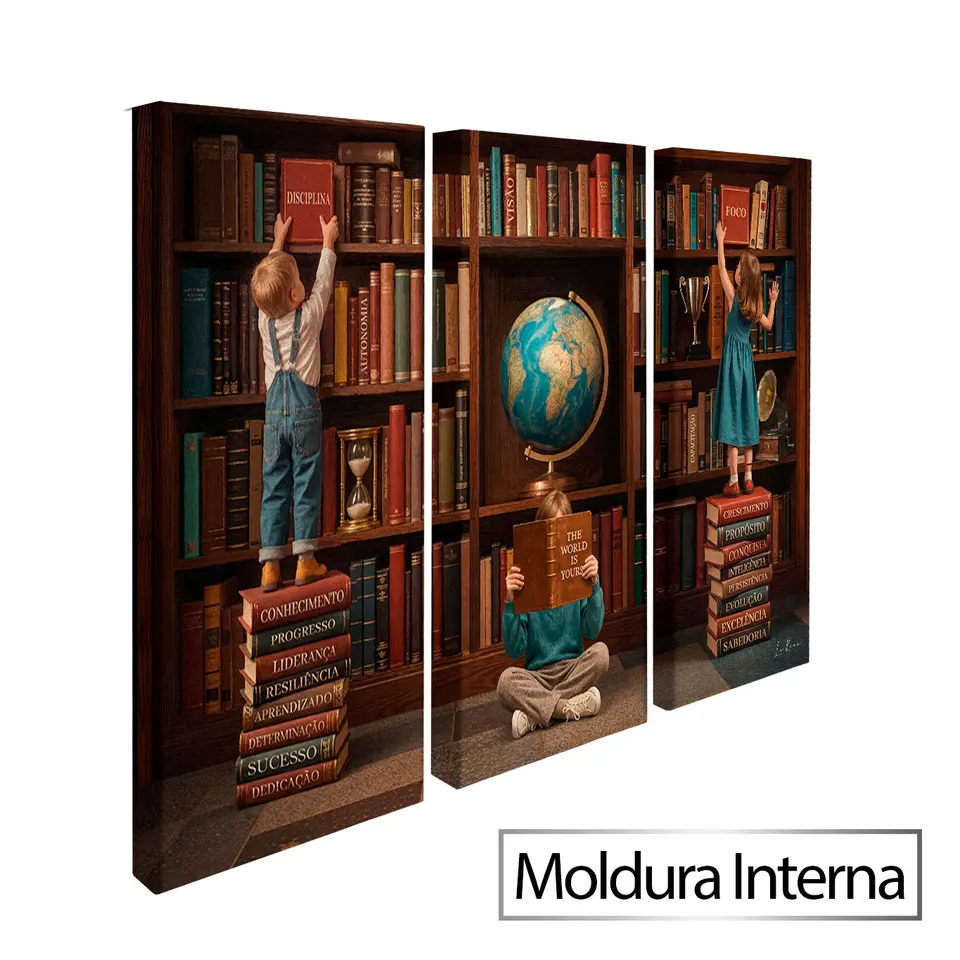 Quadro Fonte do Conhecimento - 3 Peças — Moldura Interna, Médio 93x62