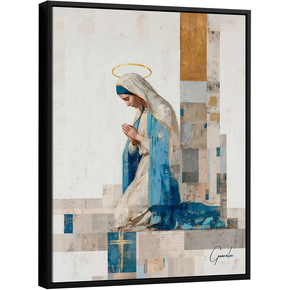 quadro nossa senhora em oração — figura sagrada contemplativa em azul e dourado — arte do artista Gonzalez