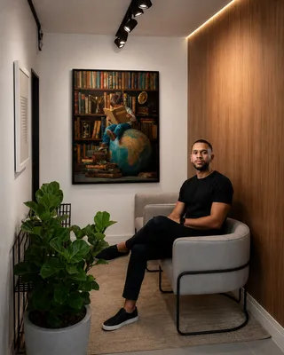 Quadro Um Mundo de Conhecimento na casa de Eduardo Guedes
