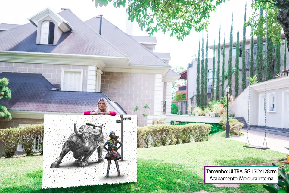 Quadro decorativo com touro de Wall Street e menina olhando para ele. Menina destemida grafite craig