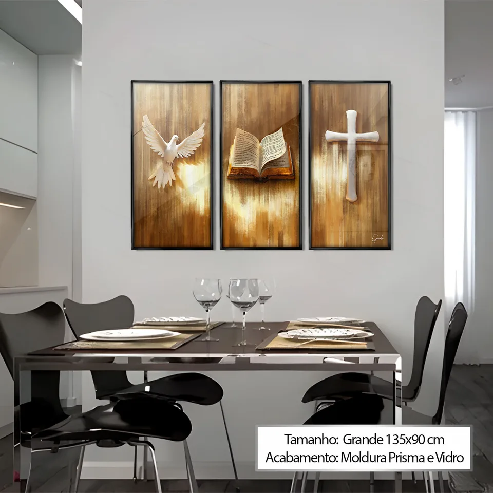 Quadro Símbolos de Fé 3 Peças em sala de jantar