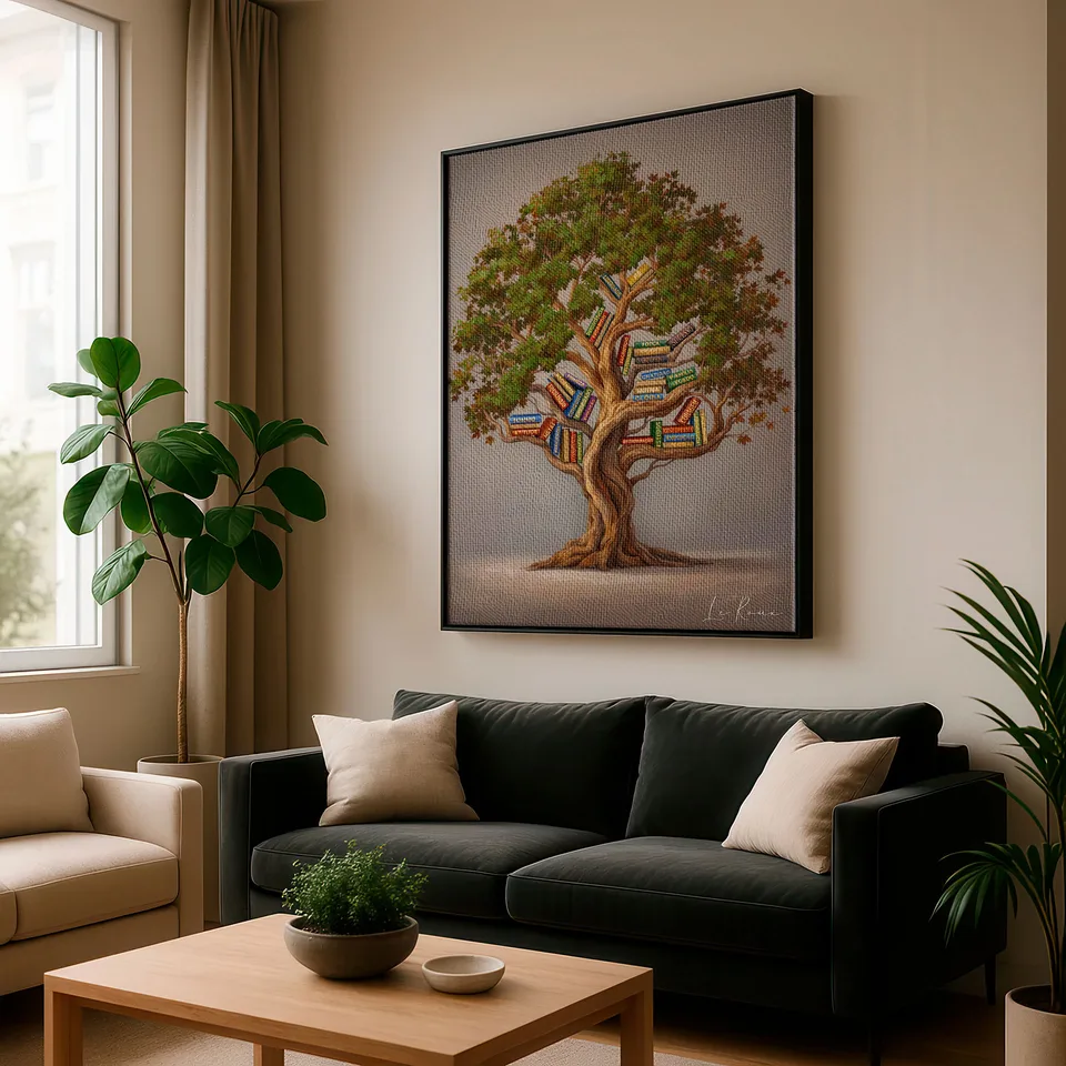 Quadro Árvore da Leitura com moldura preta na sala