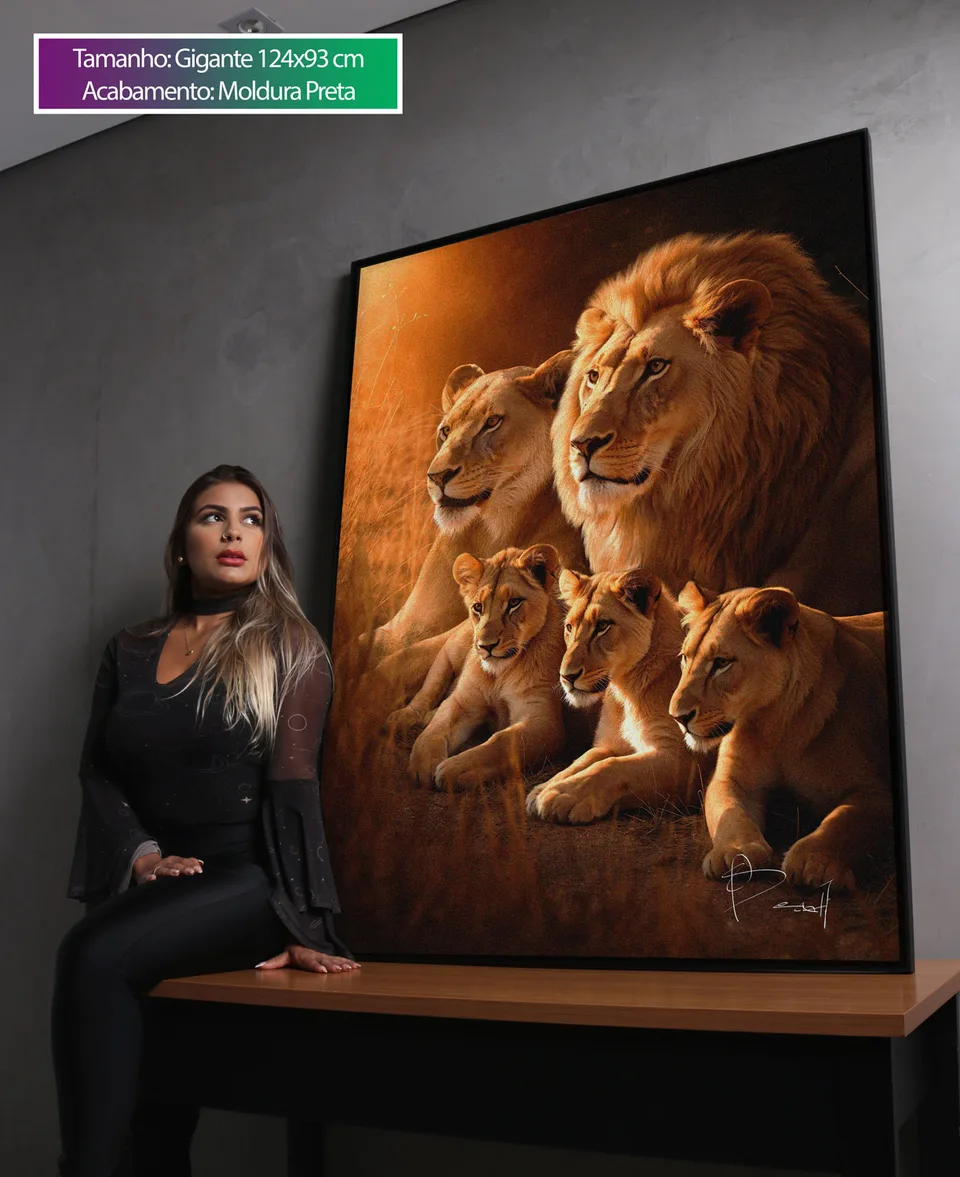Quadro Família de Leões - 3 Filhotes com moldura preta