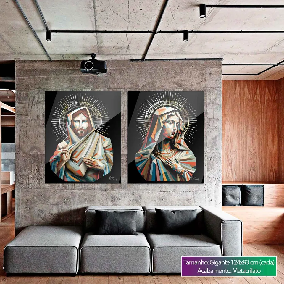 Quadro Jesus e Maria Geométricos 2 Peças Sala
