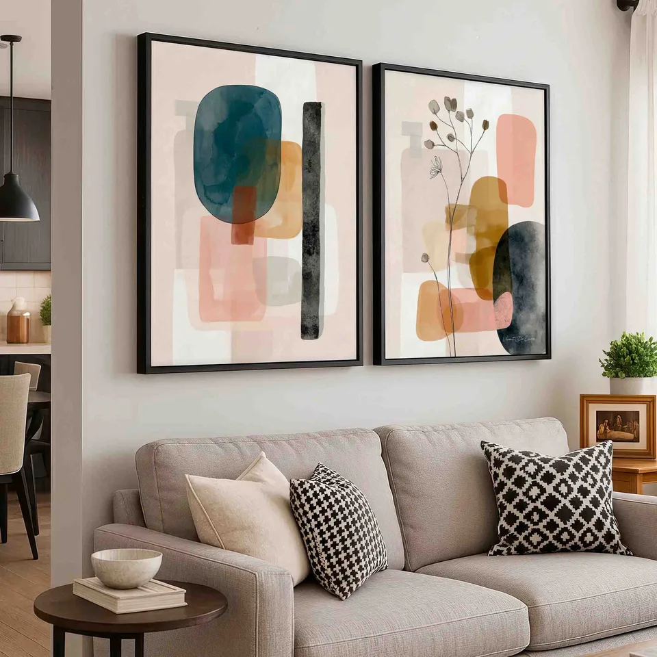 quadro boho 2 pecas detalhe — moldura preta com formas abstratas e curvas suaves por Vicent de Lucca