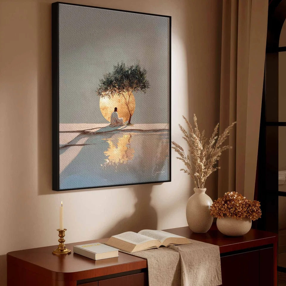 quadro cristo em serenidade — moldura preta canto de oração ambiente sagrado