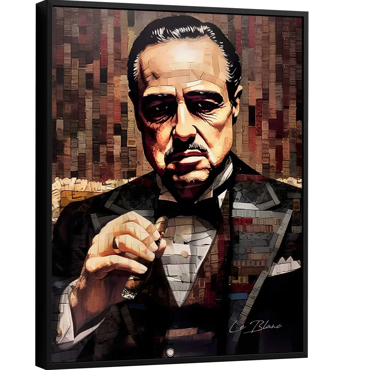 Quadro O Poderoso Chefão, retrato de Don Vito Corleone em mosaico de blocos de cor