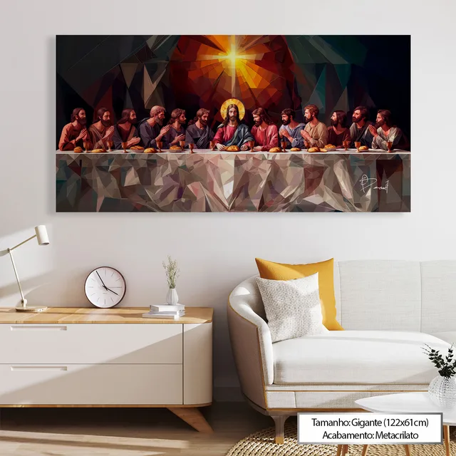 Quadro Santa Ceia Geométrica em sala clara com poltrona branca
