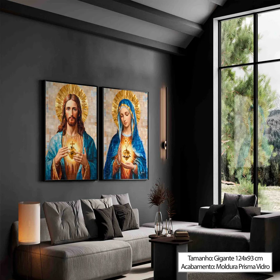 quadro amor de jesus e maria 2 peças — sala preta fundo neutro destaque