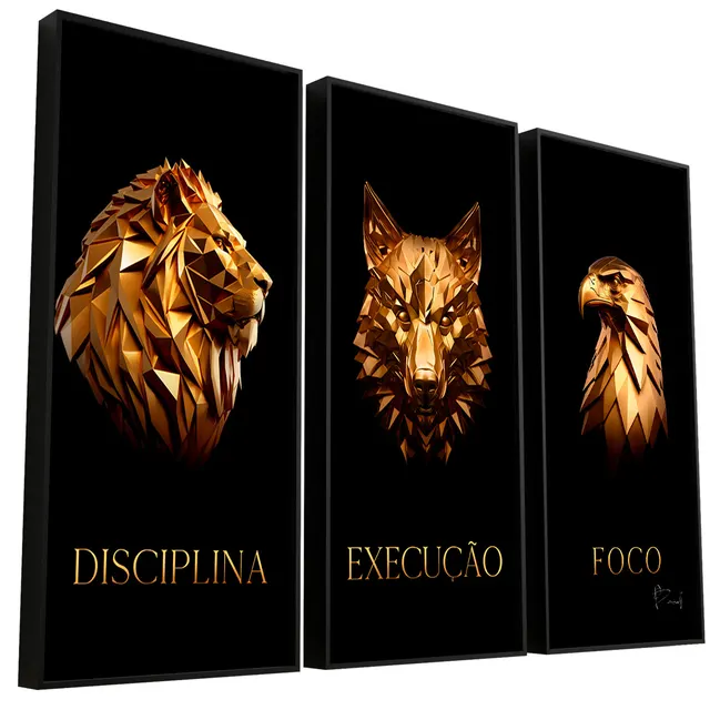 Quadro Disciplina, Execução e Foco de Ouro. Leão, lobo e águia dourados com fundo escuro