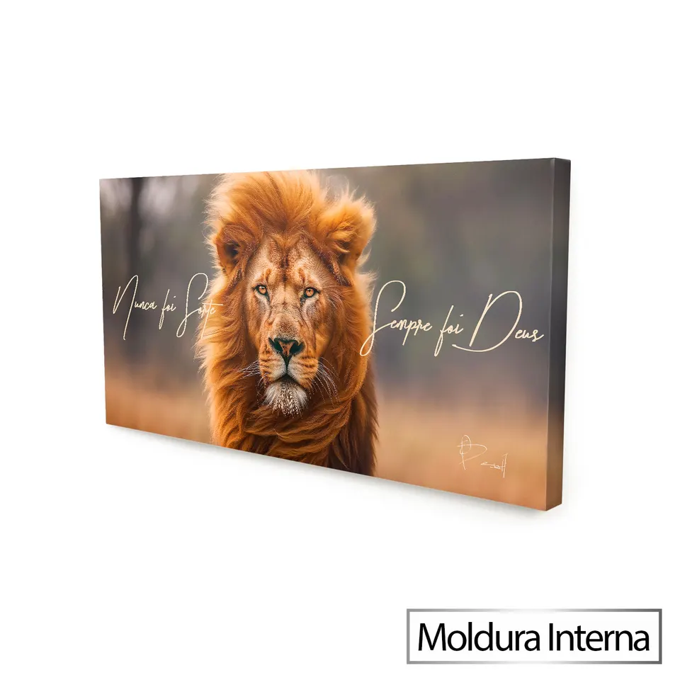 Quadro Nunca Foi Sorte, Sempre Foi Deus: Leão de Fé — Moldura Interna, Medio 68x34