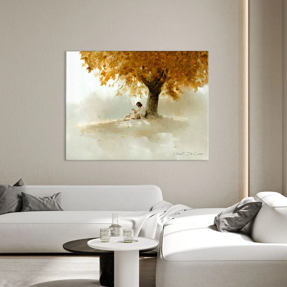 Quadro O Acolhimento de Cristo - Coleção Minimalista em sala de estar clean acima do sofá
