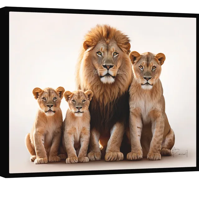 Quadro Família de Leões Afetuosa. Leão e leoa junto com seus filhotes, arte com fundo branca para sala de estar