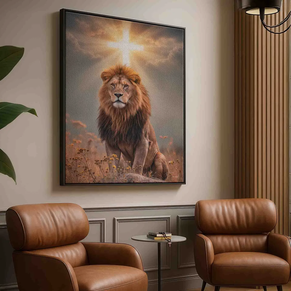 Quadro A Luz da Realeza com moldura preta em um canto de leitura