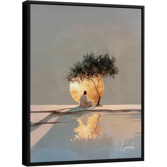 quadro cristo em serenidade — Cristo contemplativo círculo dourado — arte do artista Gonzalez