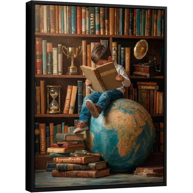 quadro um mundo de conhecimento — jovem leitor sobre globo terrestre cercado de livros — arte do artista Le Roux