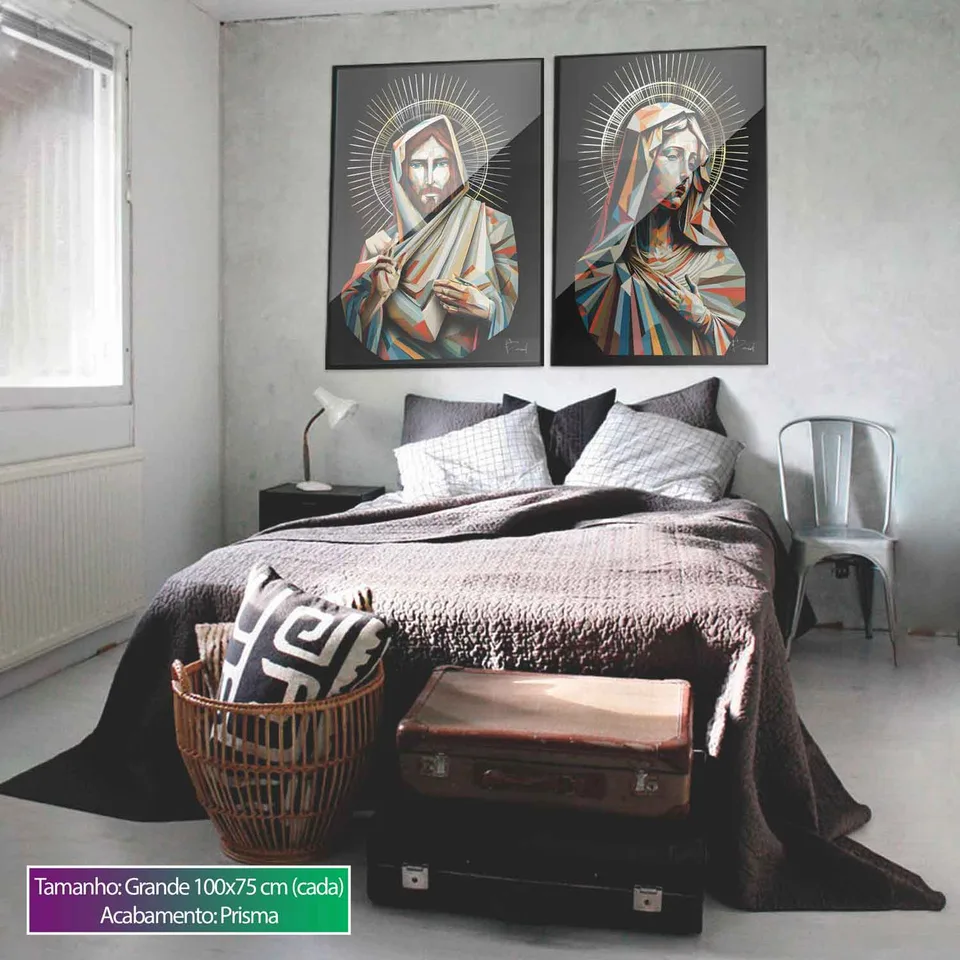 Quadro Jesus e Maria Geométricos 2 Peças com vidro no quarto
