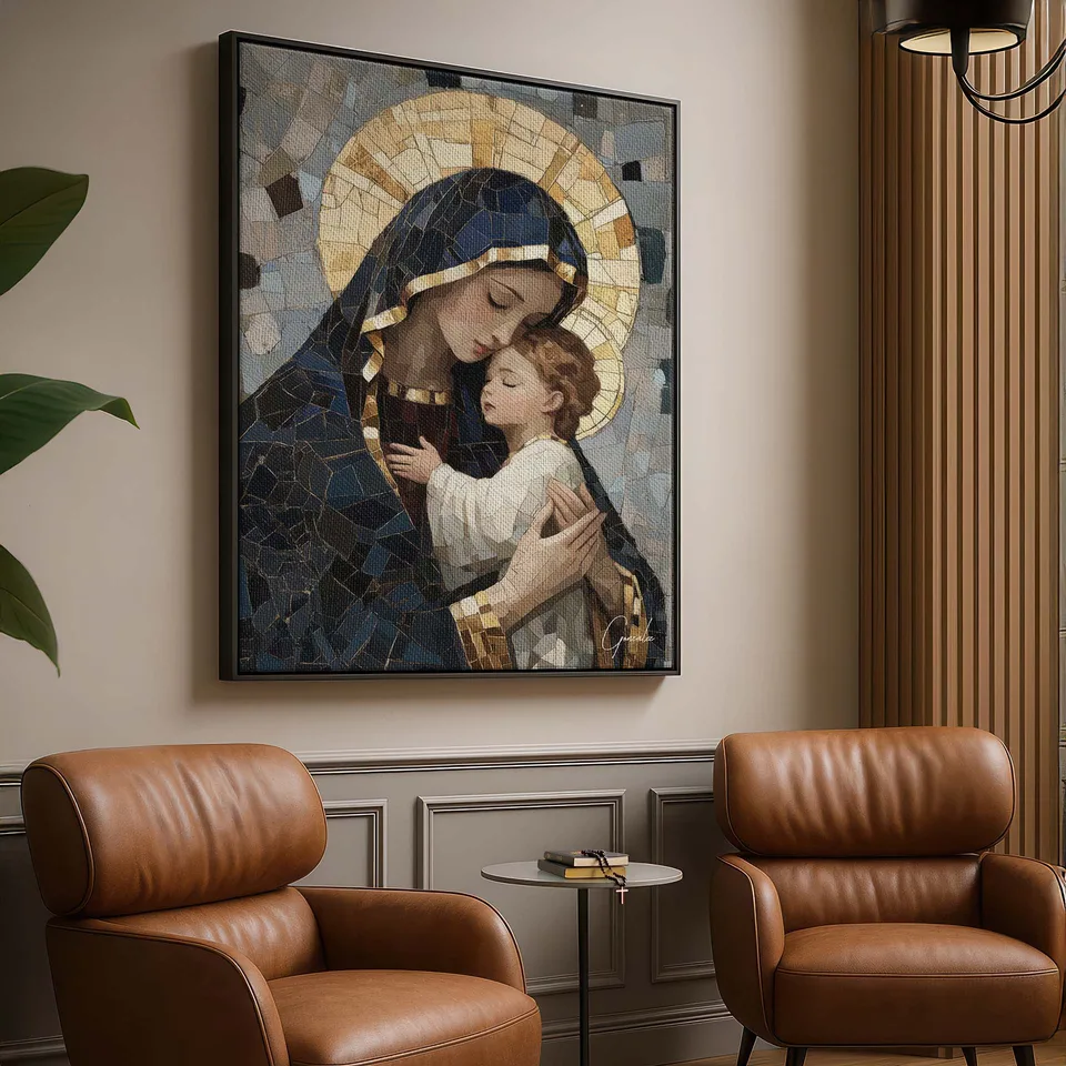 Quadro Maria e Jesus Mosaico com moldura preta em um canto de leitura