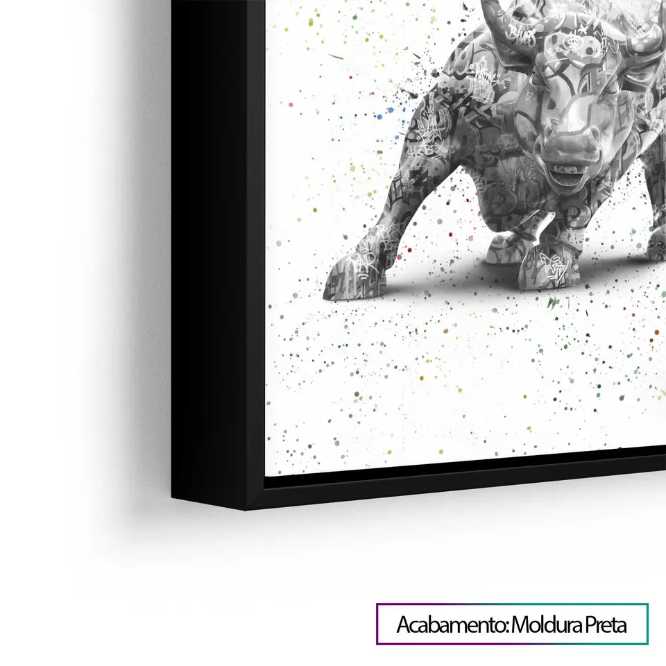 Quadro decorativo com touro de Wall Street e menina olhando para ele. Menina destemida grafite craig