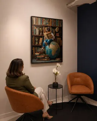 Quadro Um Mundo de Conhecimento na casa de Gabriela Mendes