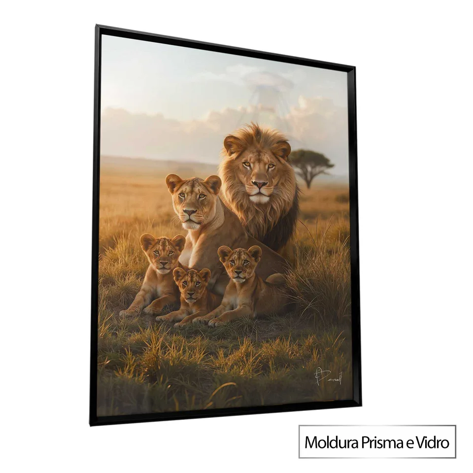 Quadro Família de Leões na Savana Prisma e Vidro