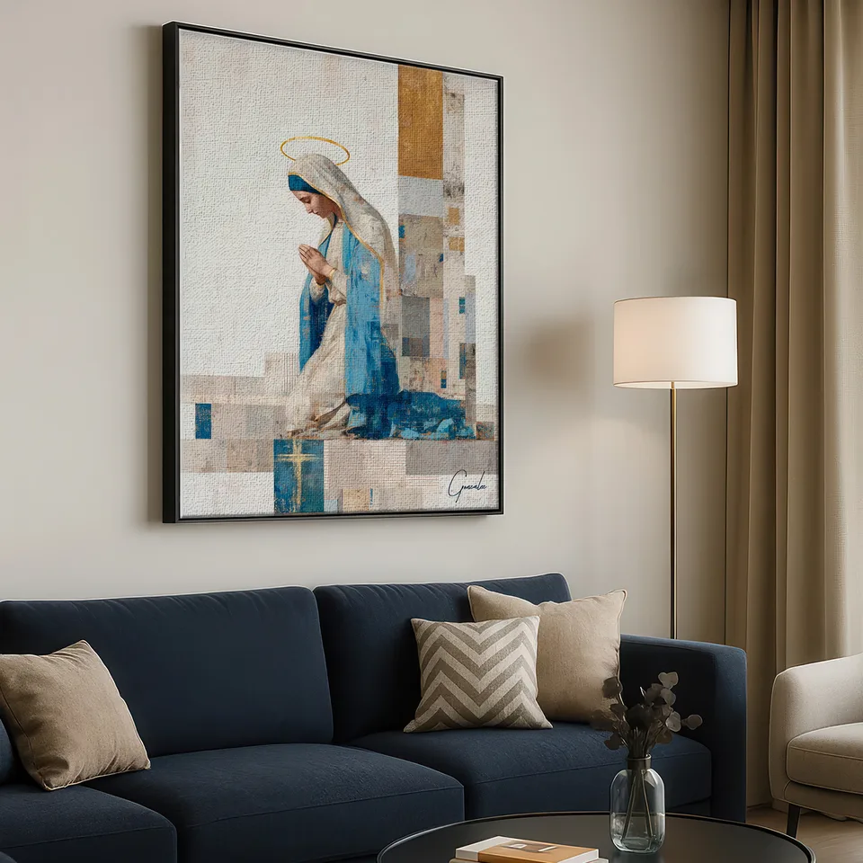 nossa senhora oração — moldura preta em sala boho azul