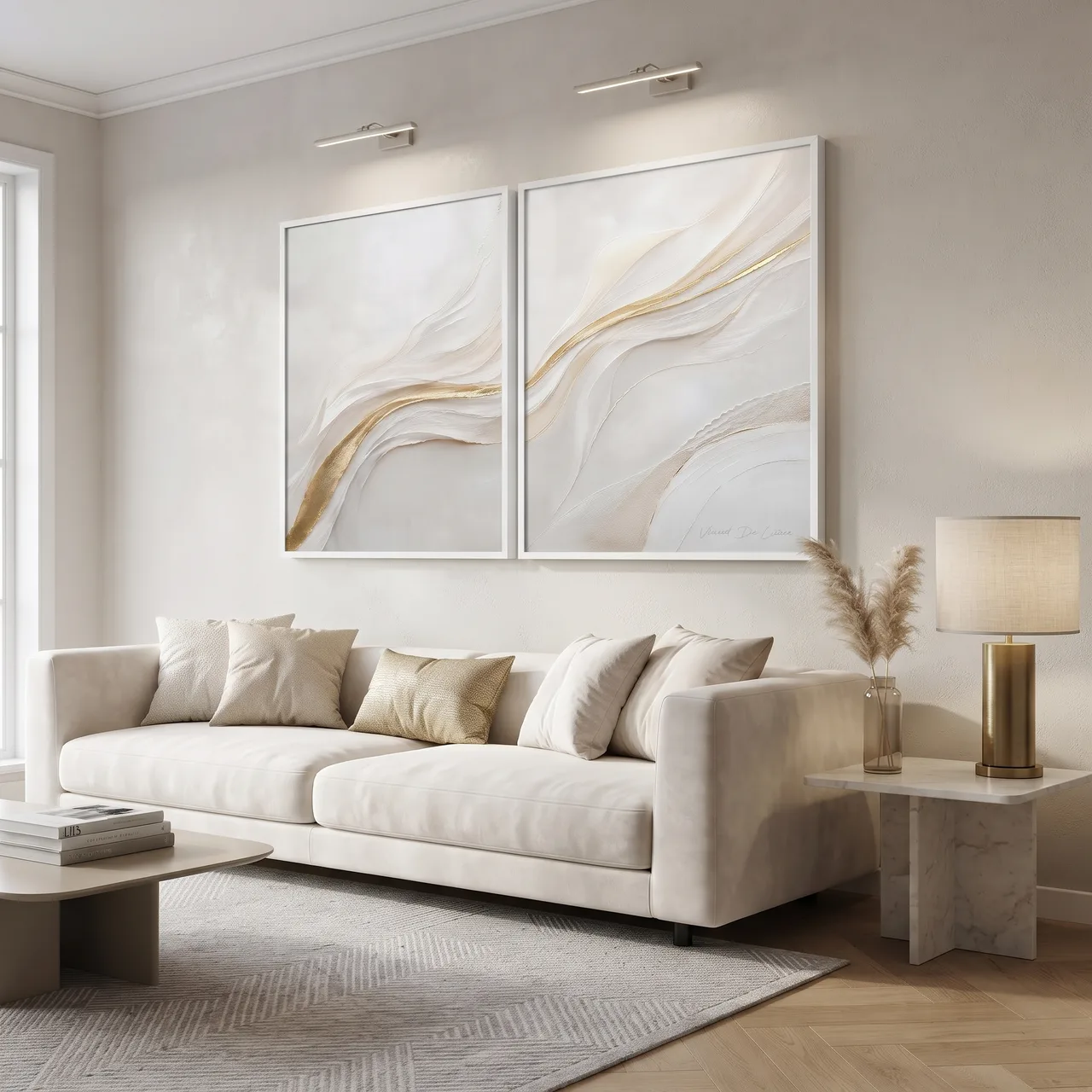 Quadro Abstrato Harmonia Dourada 2 peças, de Vicent de Lucca, ondas brancas e fita dourada, acima de sofá claro