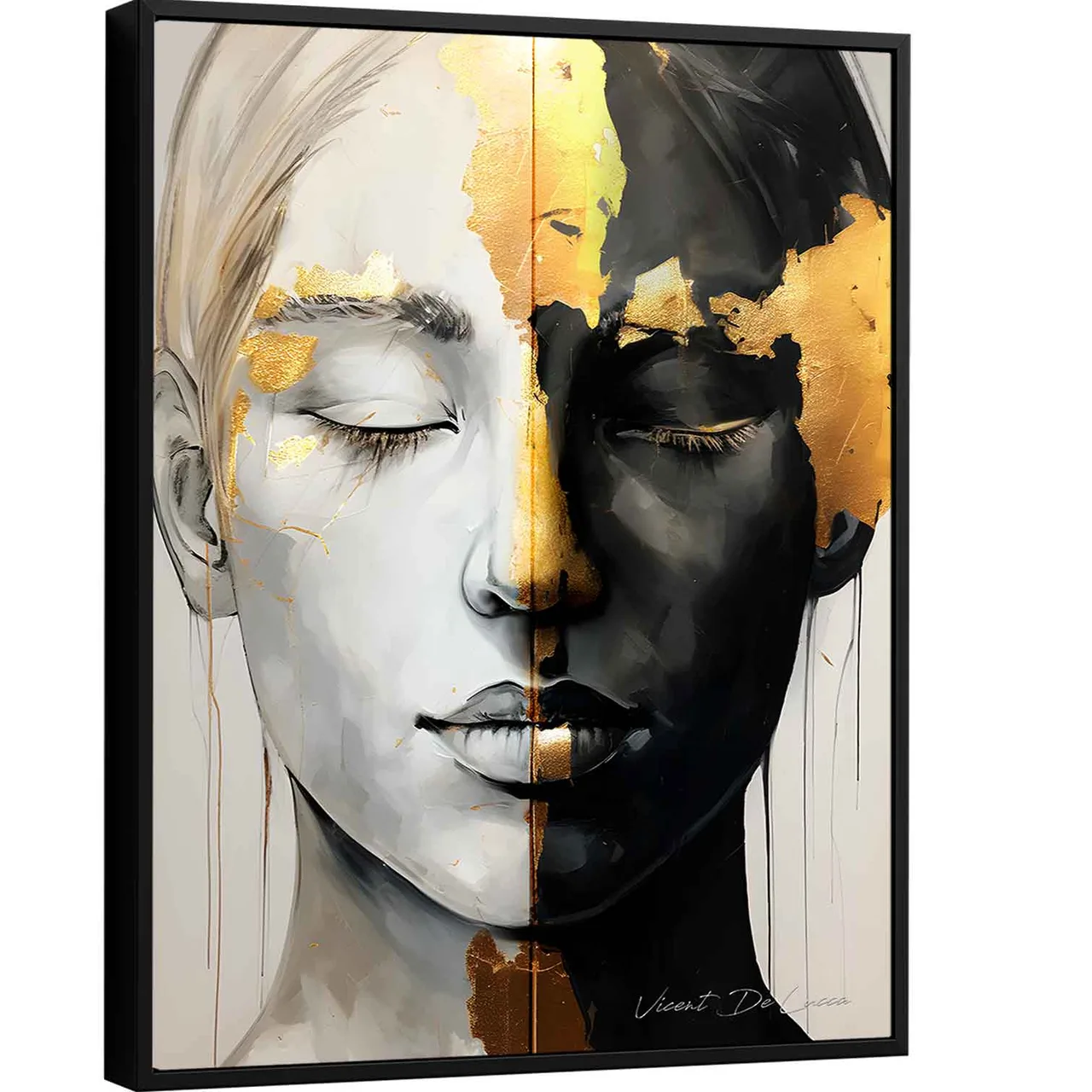Quadro Dualismo Elegante, dois rostos em pedra clara unidos por traço dourado