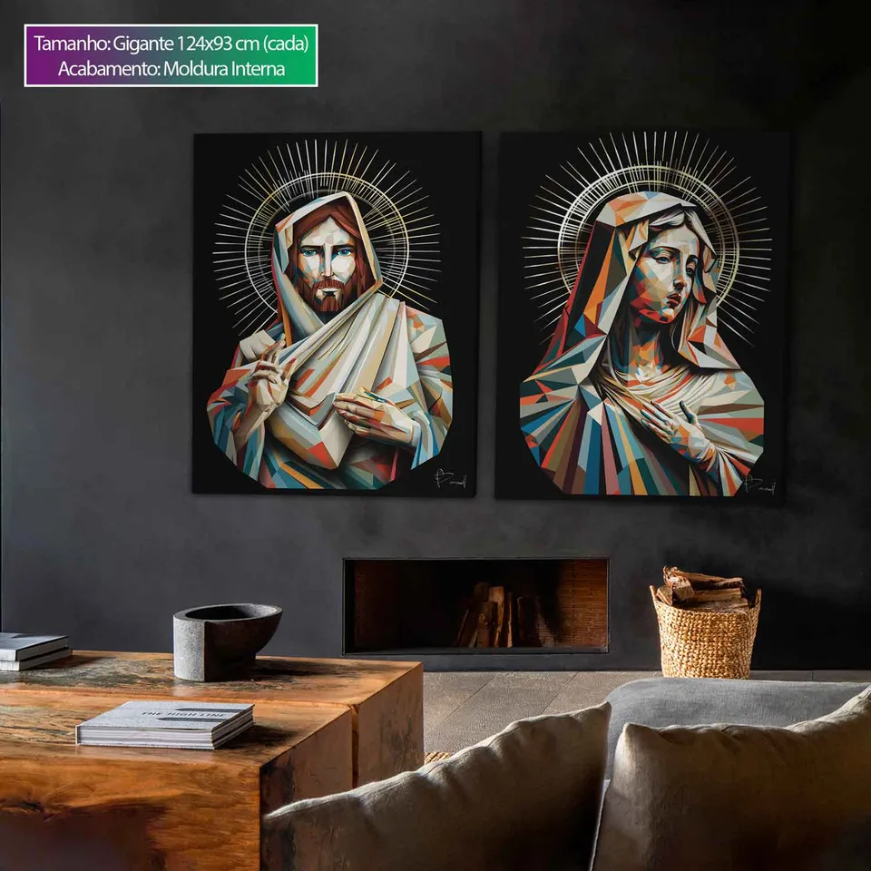Quadro Jesus e Maria Geométricos 2 Peças com moldura interna na sala