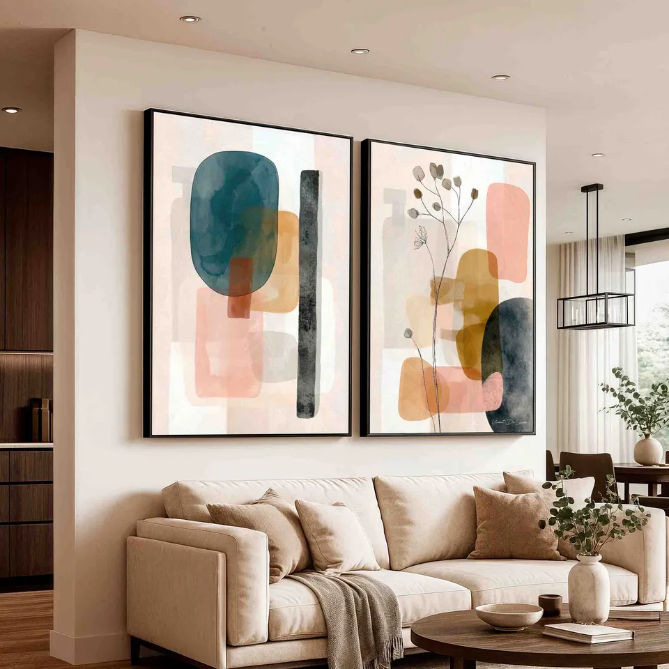 quadro boho 2 pecas — ambiente sala vintagem bege com moldura preta e paleta harmoniosa