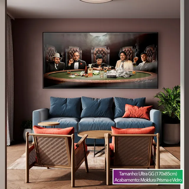 Quadro Mesa de Gângsters em sala de estar com sofá azul