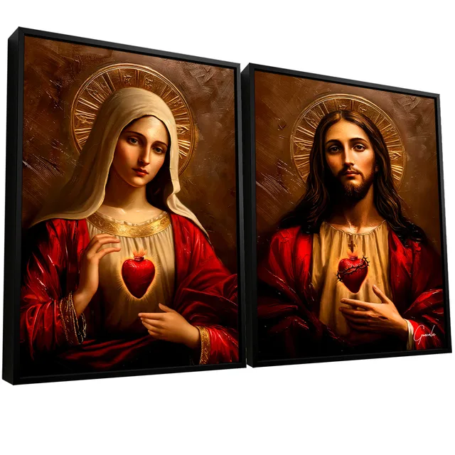 Quadro Sagrado Coração de Jesus e o Imaculado Coração de Maria 2 Peças - Quadros para Quarto | QuadrosDecorativos.com