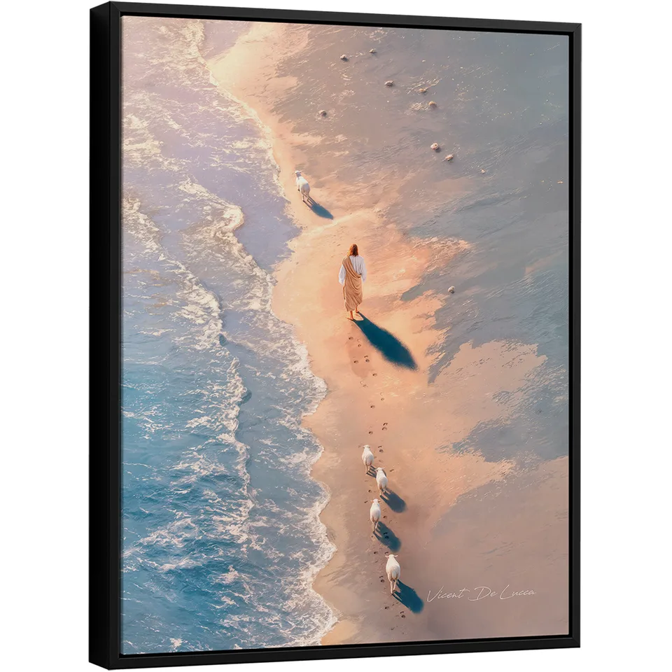quadro os passos de cristo — Jesus caminhando à beira-mar com rebanho em perspectiva aérea — arte do artista Vicent de Lucca