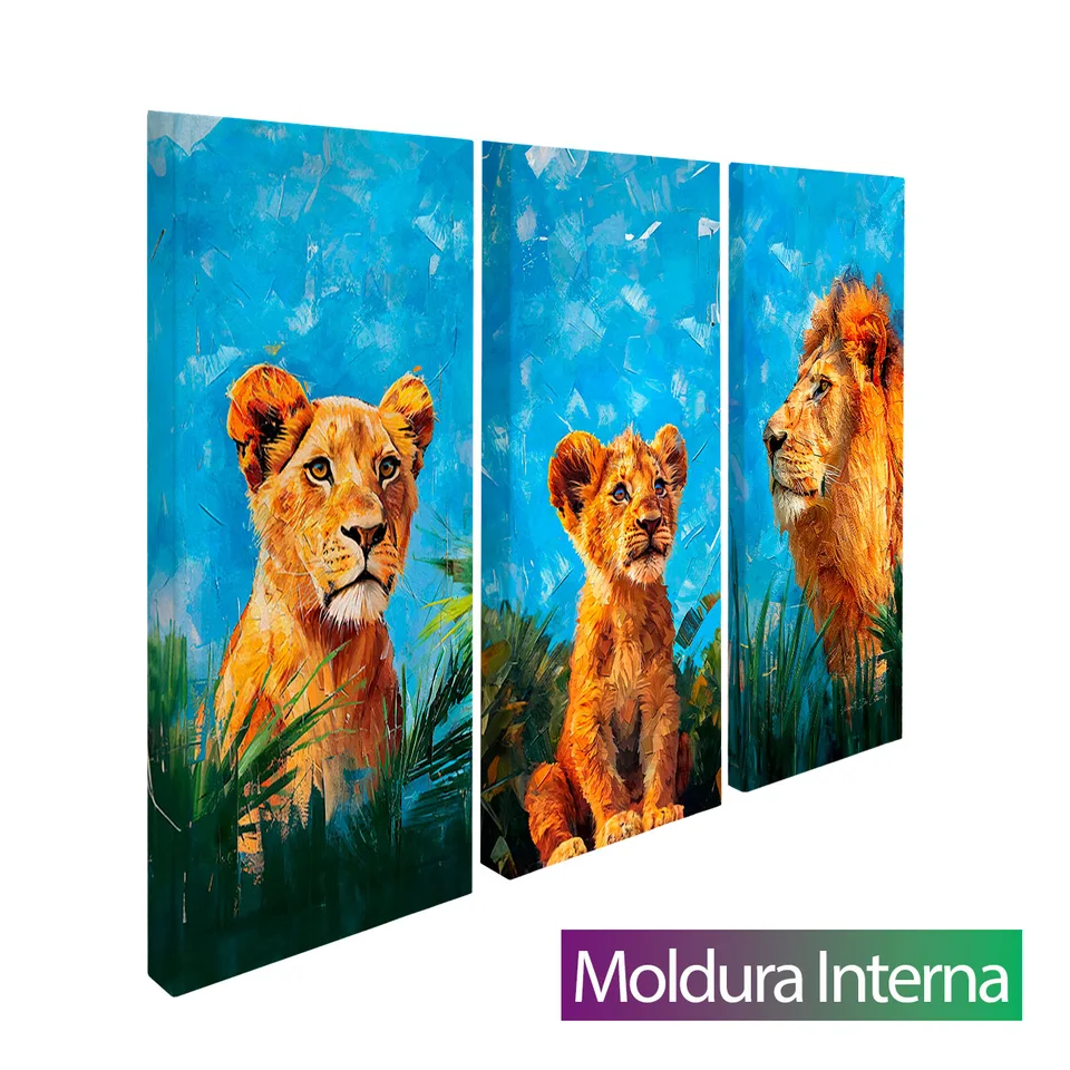 Quadro Família de Leões Tropicais 3 Peças — Moldura Interna, Médio 93x62