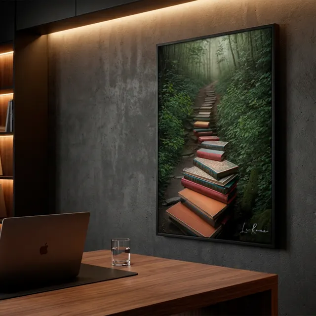 Quadro O Caminho do Conhecimento em escritório com mesa e estante