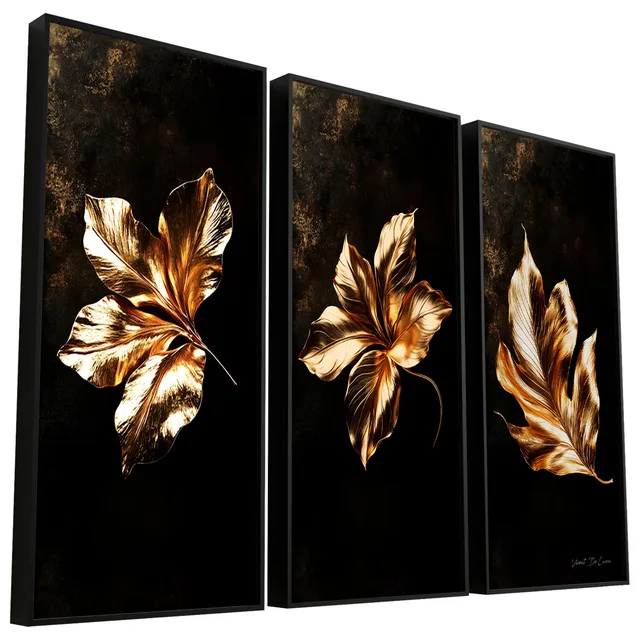 Quadro Harmonia de Folhas Douradas 3 Peças - Quadros Abstratos | QuadrosDecorativos.com