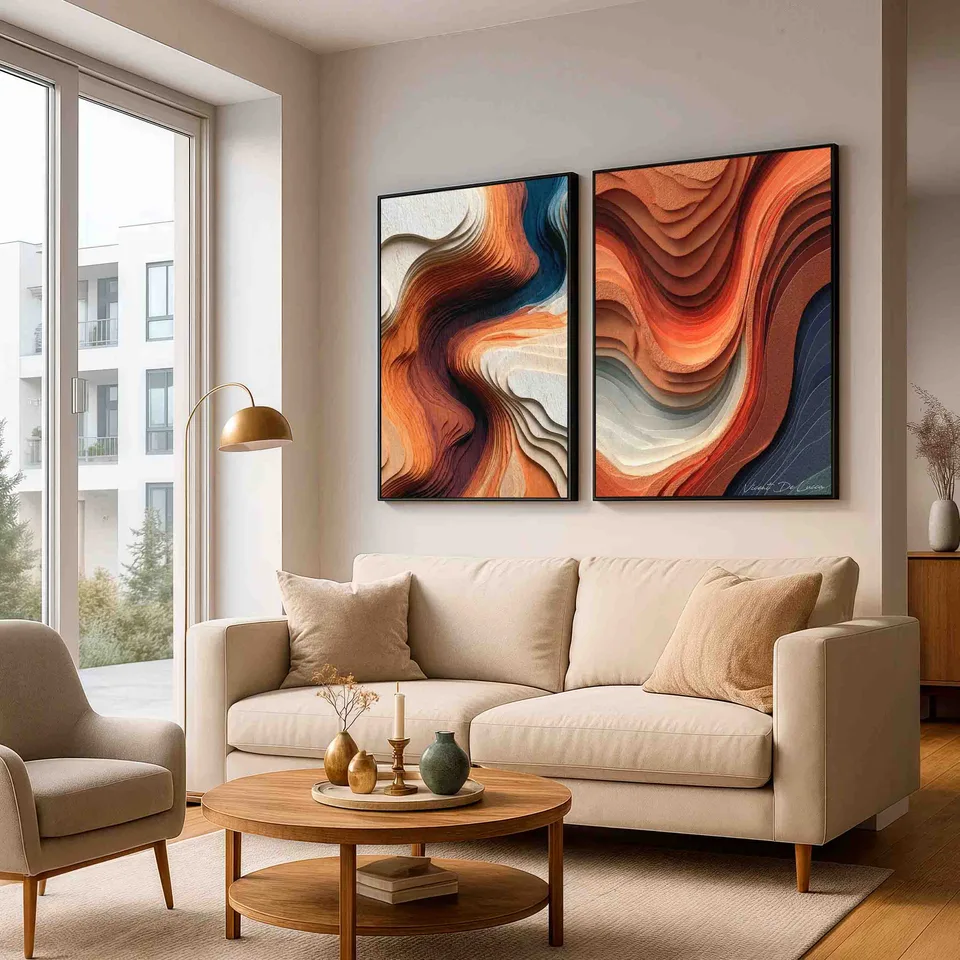 Quadro Fluxo Entre Curvas - 2 Peças com moldura preta